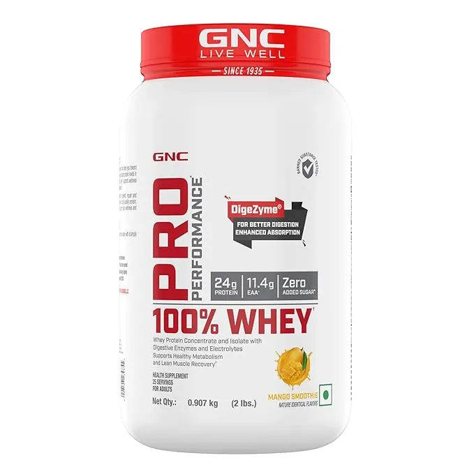GNC Pro Performance 100% Whey Protein Mango Smoothie 2 lbs 30 Servings 24g Protein