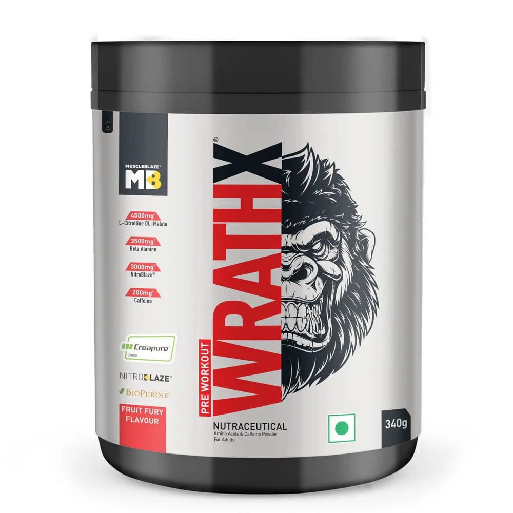 MuscleBlaze Pre Workout WrathX Fruit Fury 0.75 lb 20 Servings Creapure NitroBlaze BioPerine