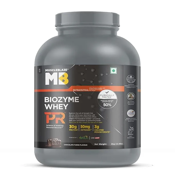 MuscleBlaze Biozyme Whey Protein PR Chocolate Fudge 4.4lb 30g Protein 3g Creatine AstraGin