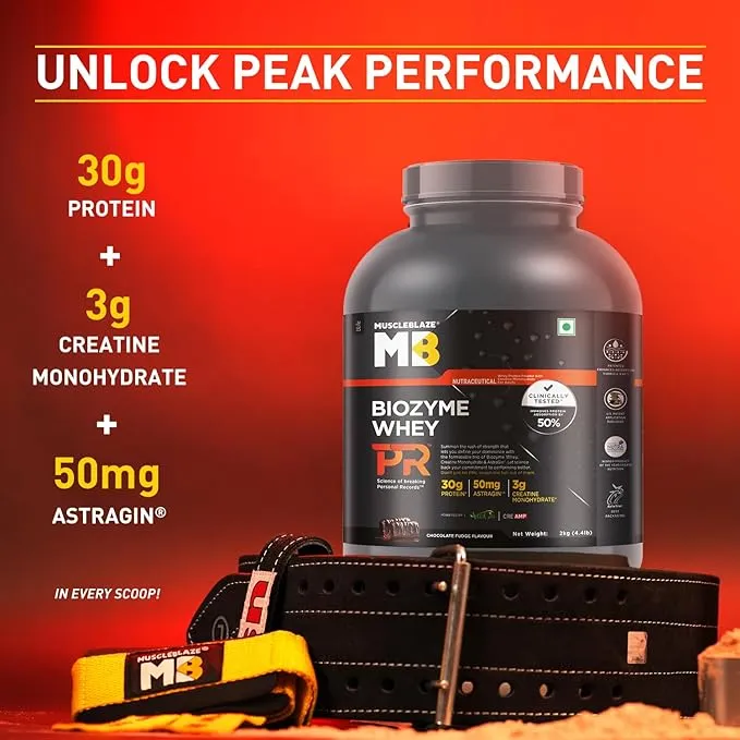 MuscleBlaze Biozyme Whey Protein PR Chocolate Fudge 4.4lb 30g Protein 3g Creatine AstraGin