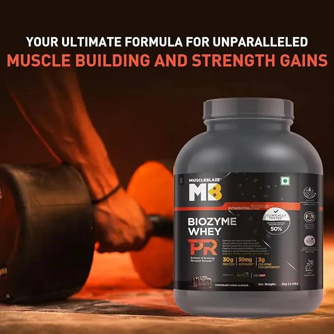 MuscleBlaze Biozyme Whey Protein PR Chocolate Fudge 4.4lb 30g Protein 3g Creatine AstraGin
