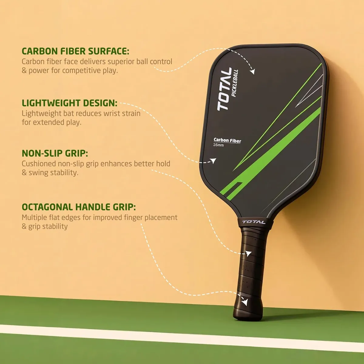 TOTAL TSF6-1 Pickleball Paddle Black Green 16MM Core