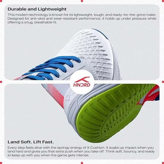 Hundred Hyperspike Badminton Shoes KPU Support Plate X Cushion Active Grip White/Blue/Orange/Lime UK 9