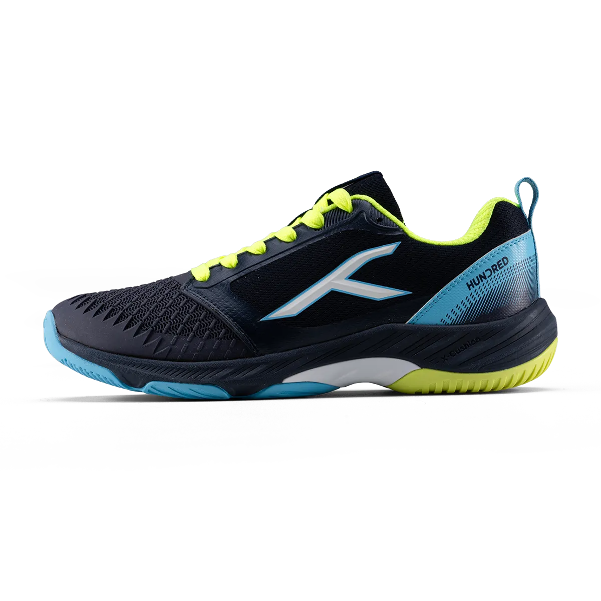 Hundred Hyperspike Badminton Shoes KPU Support Plate X Cushion Active Grip Navy/Blue/Lime/White UK 7