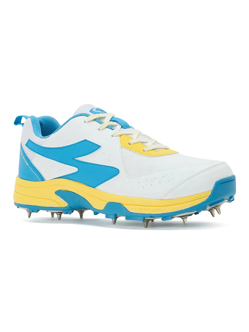 SG Savage Max Spikes Cricket Shoes White Yellow Sky Blue Size 10