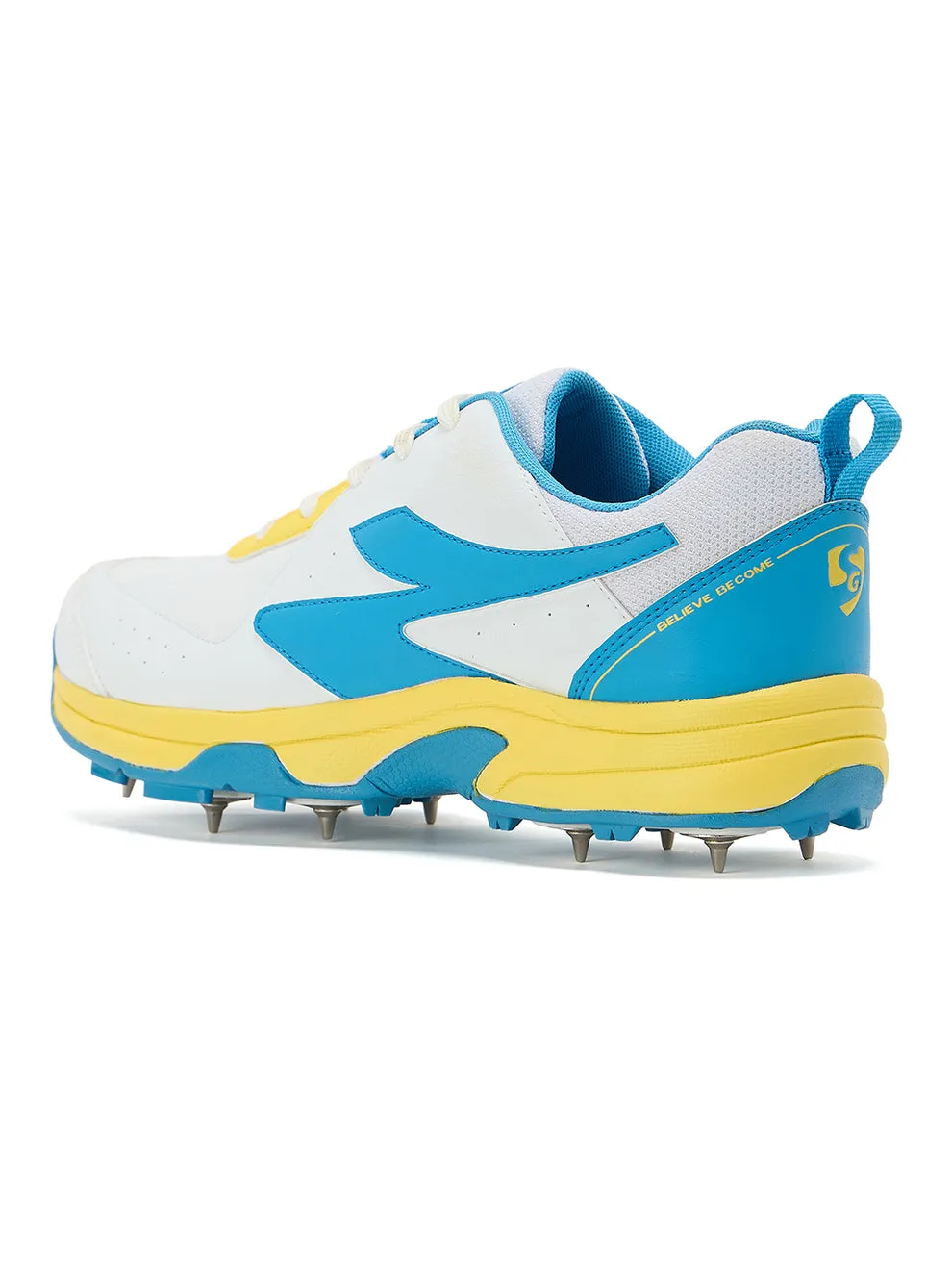 SG Savage Max Spikes Cricket Shoes White Yellow Sky Blue Size 10