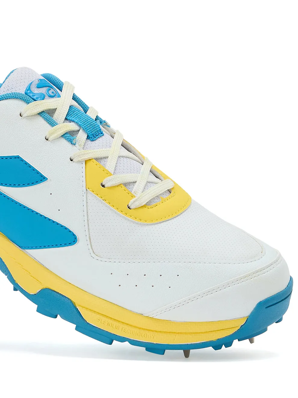 SG Savage Max Spikes Cricket Shoes White Yellow Sky Blue Size 10