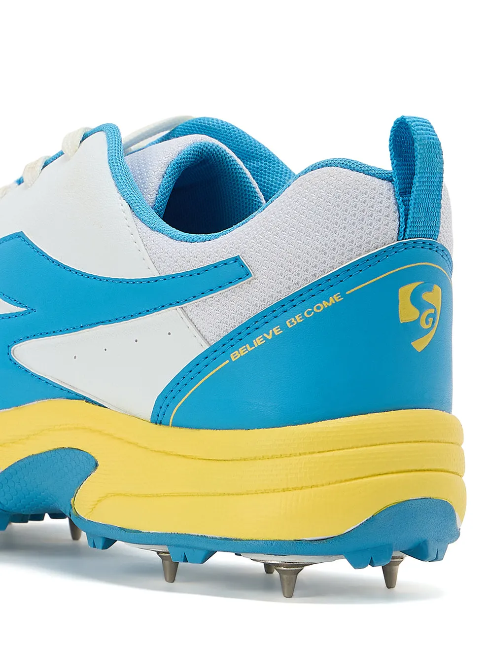 SG Savage Max Spikes Cricket Shoes White Yellow Sky Blue Size 10