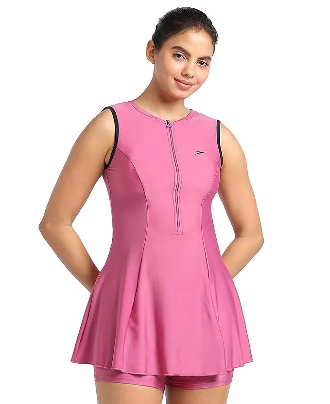Speedo Women Recycled EnduraBrite Closedback Swimdress With Boyleg Hot Mauve/Black Size 44