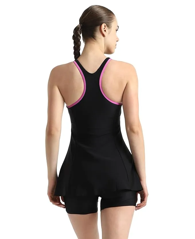 Speedo Women Short Sleeve Closedback Swimdress With Boyleg Black/Neon Violet Size 46