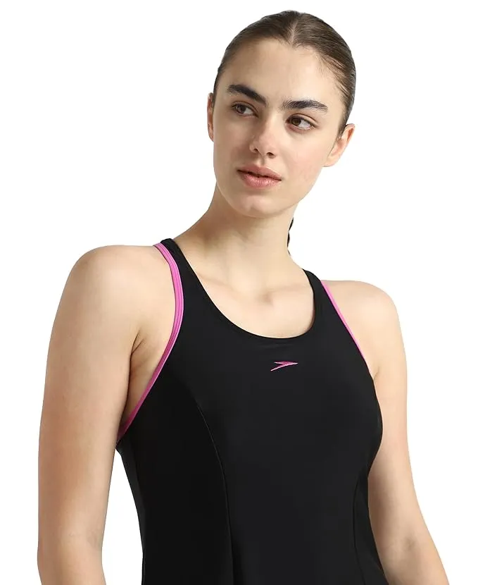 Speedo Women Short Sleeve Closedback Swimdress With Boyleg Black/Neon Violet Size 46