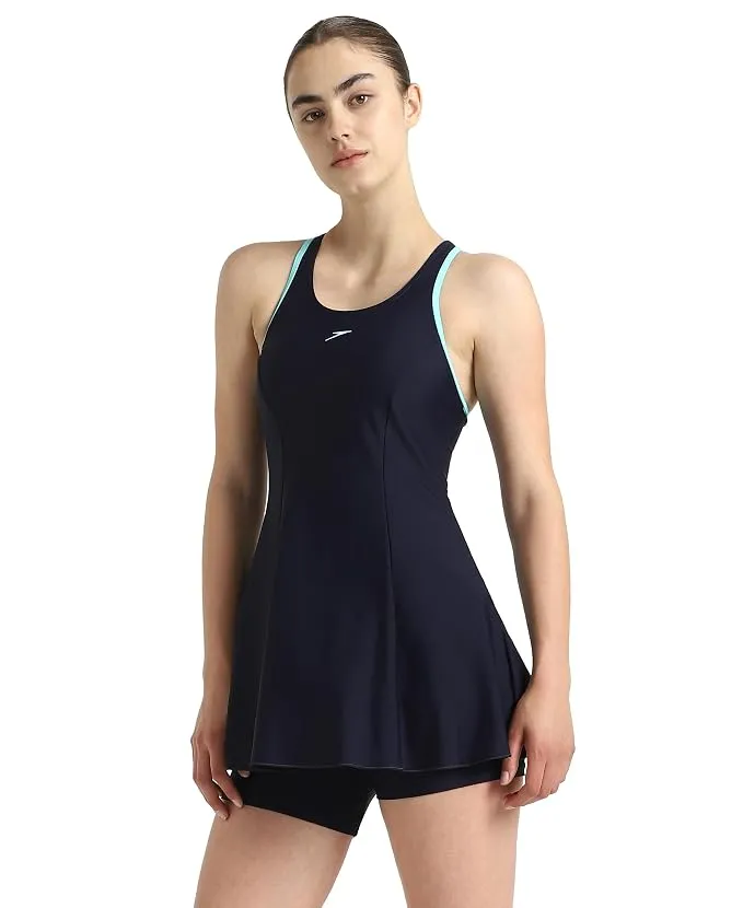 Speedo Women Endurance10 Short Sleeve Closedback Swimdress With Boyleg True Navy/Arctic Glass Size 46