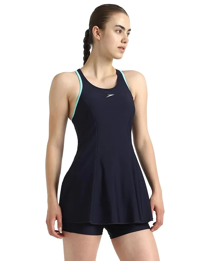 Speedo Women Endurance10 Short Sleeve Closedback Swimdress With Boyleg True Navy/Arctic Glass Size 46