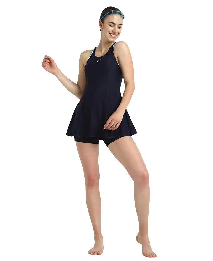 Speedo Women Endurance10 Short Sleeve Closedback Swimdress With Boyleg True Navy/Arctic Glass Size 46