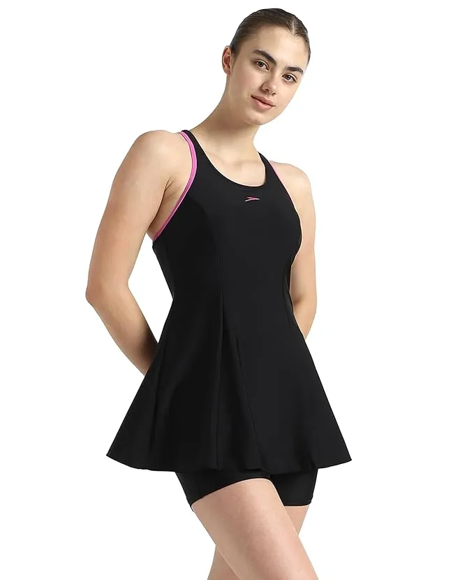 Speedo Women Endurance10 Short Sleeve Closedback Swimdress With Boyleg Black/Neon Violet Size 46
