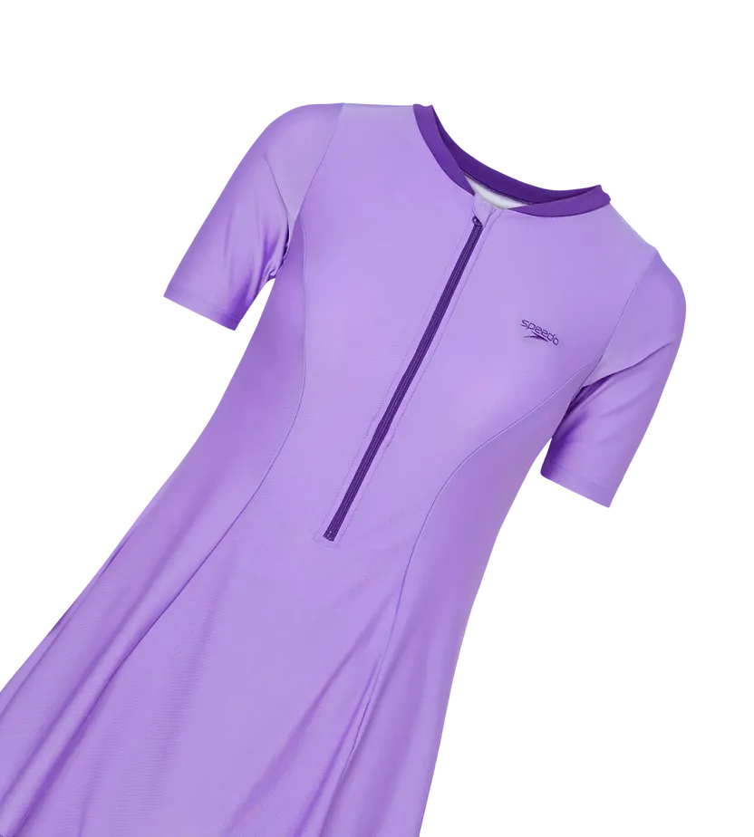 Speedo Women Endurance10 Short Sleeve Closedback Swimdress With Boyleg Purple Mist/Tillandsia Purple Size 46
