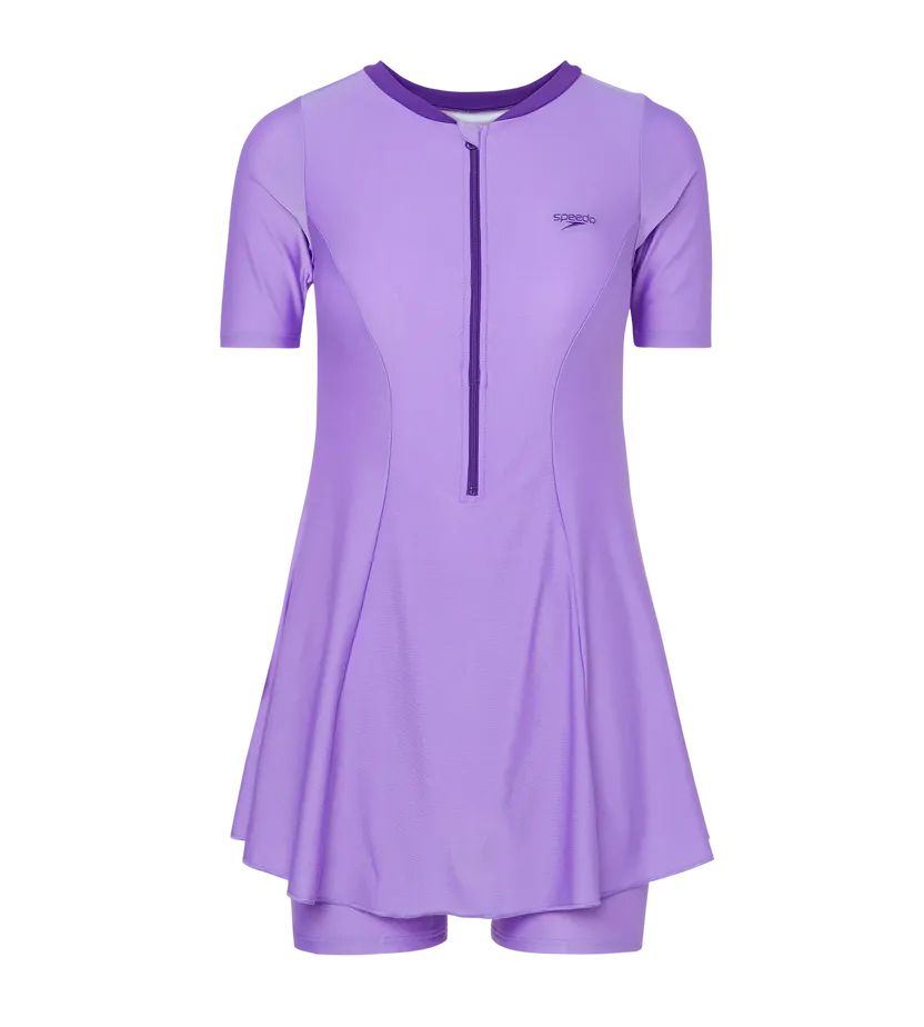 Speedo Women Endurance10 Short Sleeve Closedback Swimdress With Boyleg Purple Mist/Tillandsia Purple Size 46