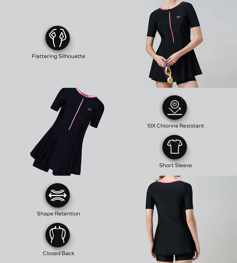 Speedo Women Endurance10 Short Sleeve Closedback Swimdress With Boyleg Black/Pink Lemonade Size Free Size (One Size Fits Most)
