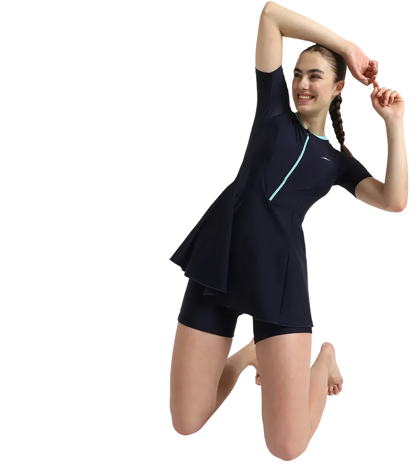 Speedo Women Endurance10 Short Sleeve Closedback Swimdress With Boyleg True Navy/Arctic Glass Size 44