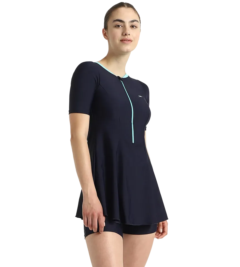 Speedo Women Endurance10 Short Sleeve Closedback Swimdress With Boyleg True Navy/Arctic Glass Size 44