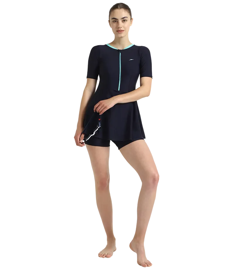 Speedo Women Endurance10 Short Sleeve Closedback Swimdress With Boyleg True Navy/Arctic Glass Size 44