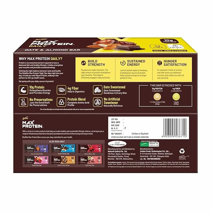 RiteBite Max Protein Daily Date Almond Protein Bar 45g Pack of 6