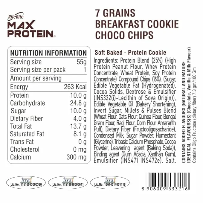 RiteBite Max Protein Choco Chips Cookies 55g 7 Grain Pack of 6