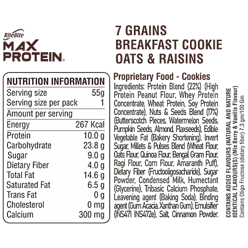 RiteBite Max Protein Oats Raisins Cookies 55g 7 Grain Pack of 6