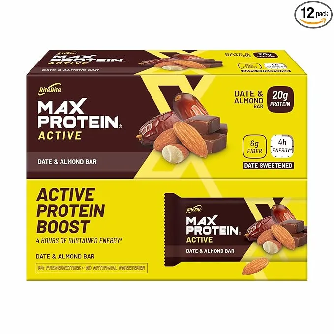 RiteBite Max Protein Active Date Almond 20g Protein Bar 75g Pack of 6