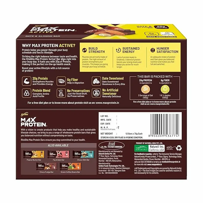 RiteBite Max Protein Active Date Almond 20g Protein Bar 75g Pack of 6