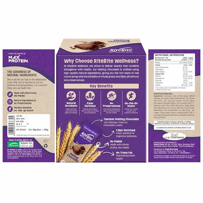 RiteBite Wellness Melting Chocolate Fibre Bar 40g Pack of 6