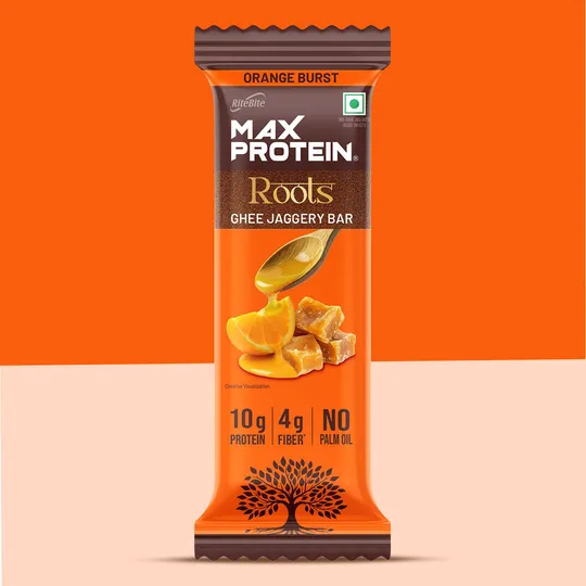 RiteBite Max Protein Roots Ghee Jaggery Orange Burst 10g Protein Bar 45g Pack of 6