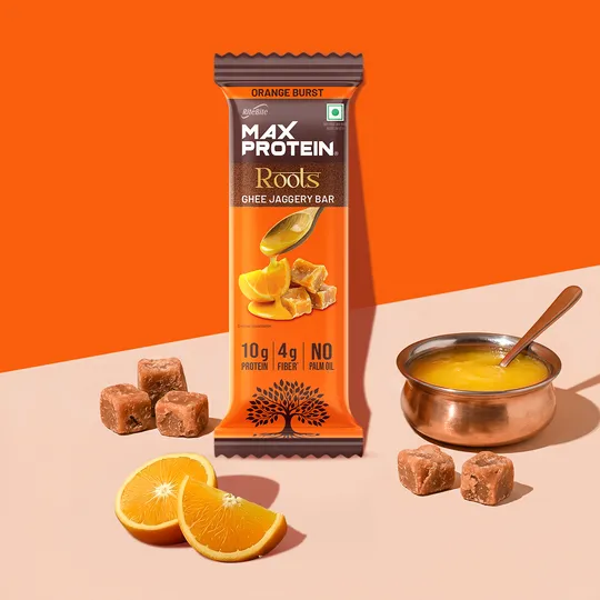 RiteBite Max Protein Roots Ghee Jaggery Orange Burst 10g Protein Bar 45g Pack of 6
