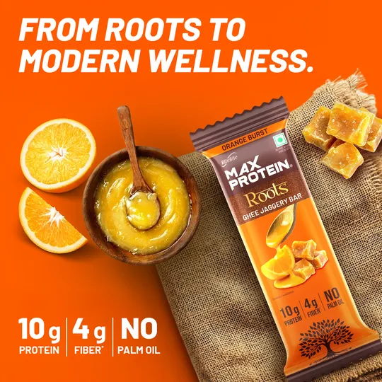 RiteBite Max Protein Roots Ghee Jaggery Orange Burst 10g Protein Bar 45g Pack of 6