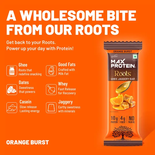 RiteBite Max Protein Roots Ghee Jaggery Orange Burst 10g Protein Bar 45g Pack of 6