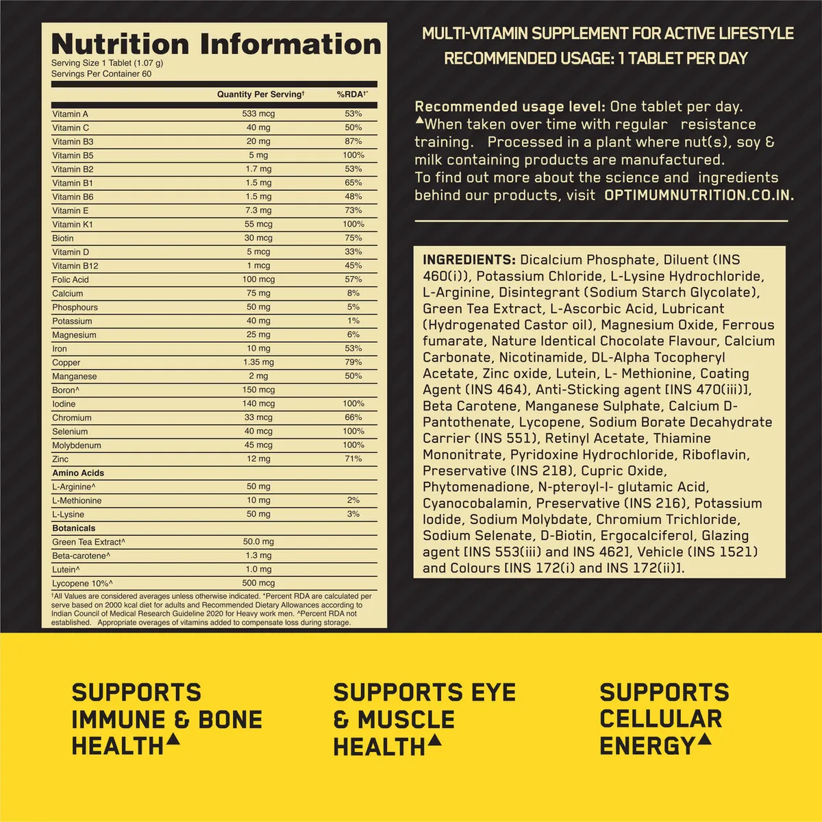 Optimum Nutrition Multivitamin 75+ Ingredients 4 Blends 90 Tablets