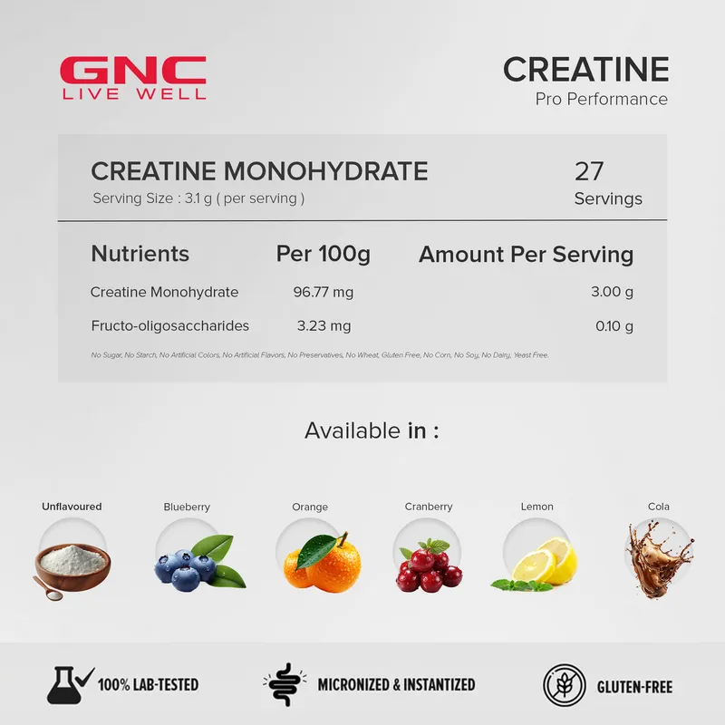 GNC Pro Performance Creatine Monohydrate 3000mg Lemon Powder 100g