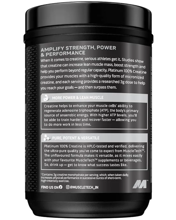 MuscleTech Platinum 100% Creatine Monohydrate Unflavoured 100g 3g Per Serving HPLC-Tested
