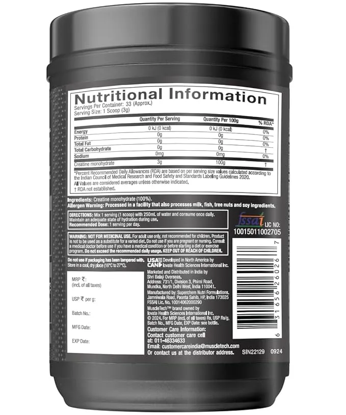 MuscleTech Platinum 100% Creatine Monohydrate Unflavoured 100g 3g Per Serving HPLC-Tested