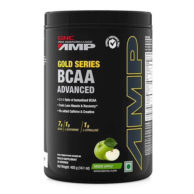 GNC AMP Gold Series BCAA Advanced Green Apple 400g 30 Servings Lean Muscle Recovery