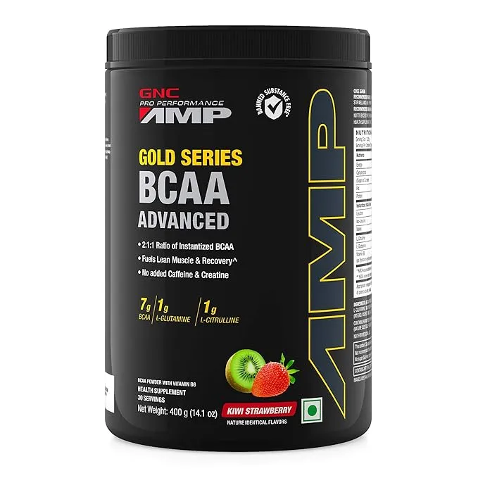 GNC AMP Gold Series BCAA Advanced Kiwi Strawberry 400g 30 Servings Lean Muscle Recovery