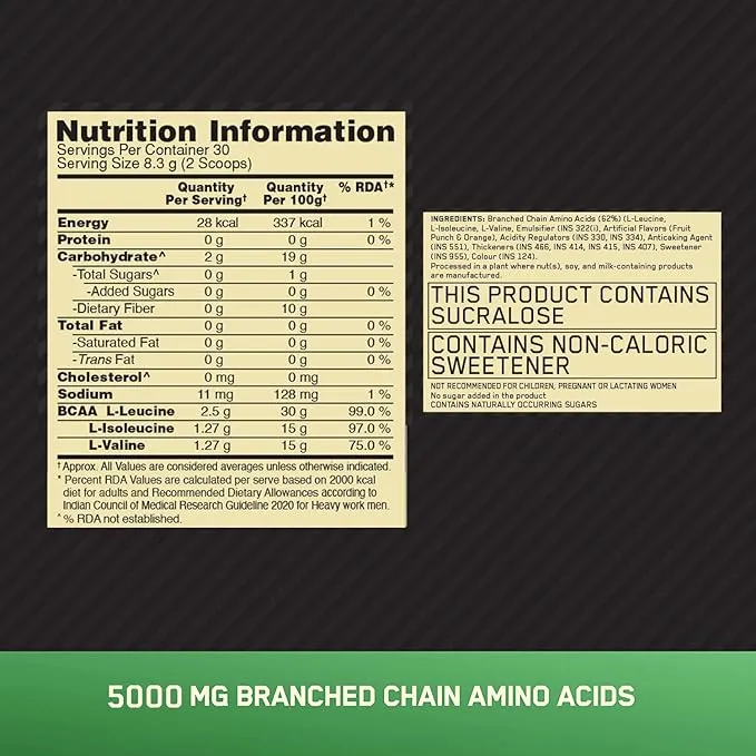 Optimum Nutrition ON BCAA 5000 Fruit Punch 250g 30 Servings 5g BCAAs 2:1:1 Ratio