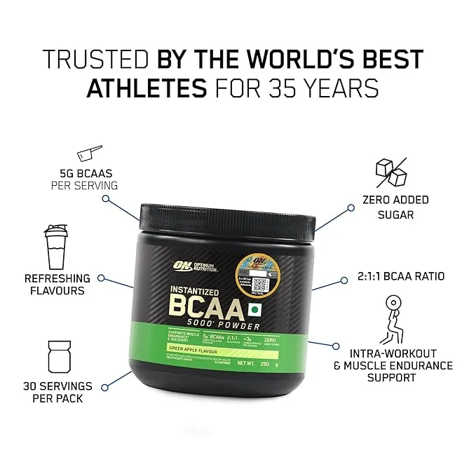Optimum Nutrition ON BCAA 5000 Green Apple 250g 30 Servings 5g BCAAs 2:1:1 Ratio