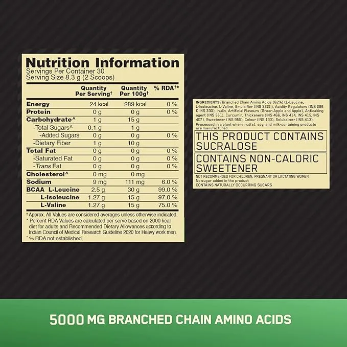 Optimum Nutrition ON BCAA 5000 Green Apple 250g 30 Servings 5g BCAAs 2:1:1 Ratio