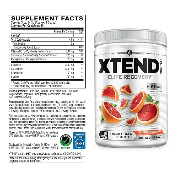 Scivation Xtend BCAA Intra Workout Italian Blood Orange 7g BCAAs 30 Servings Zero Sugar