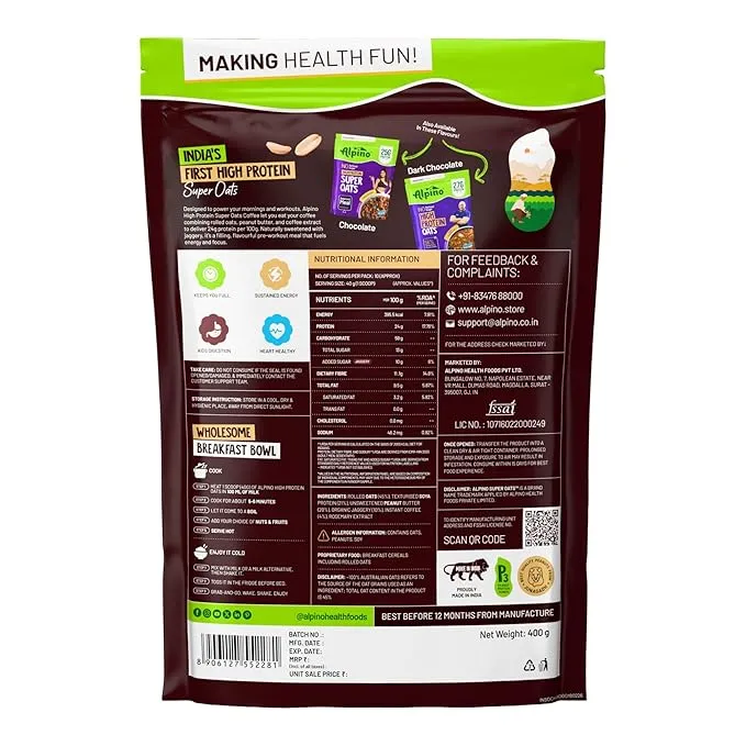 Alpino 24% High Protein Super Oats Classic Coffee 1kg Rolled Oats No Refined Sugar