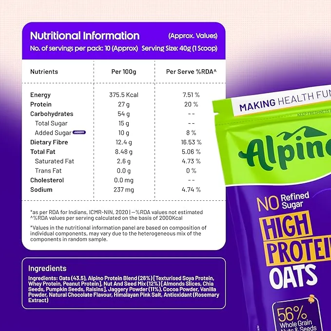 Alpino 25% High Protein Super Oats Dark Chocolate 1kg Rolled Oats Nuts Seeds Zero Sugar