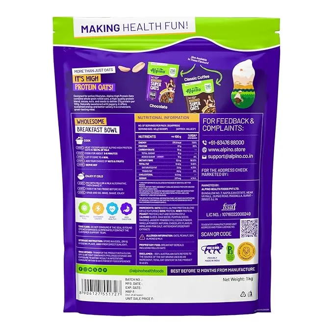 Alpino 25% High Protein Super Oats Dark Chocolate 1kg Rolled Oats Nuts Seeds Zero Sugar