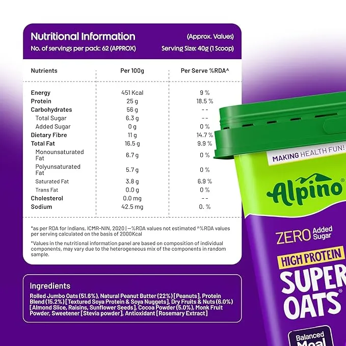 Alpino 22% High Protein Super Oats Chocolate 2.5kg Rolled Oats Peanut Butter Cocoa 75 Servings