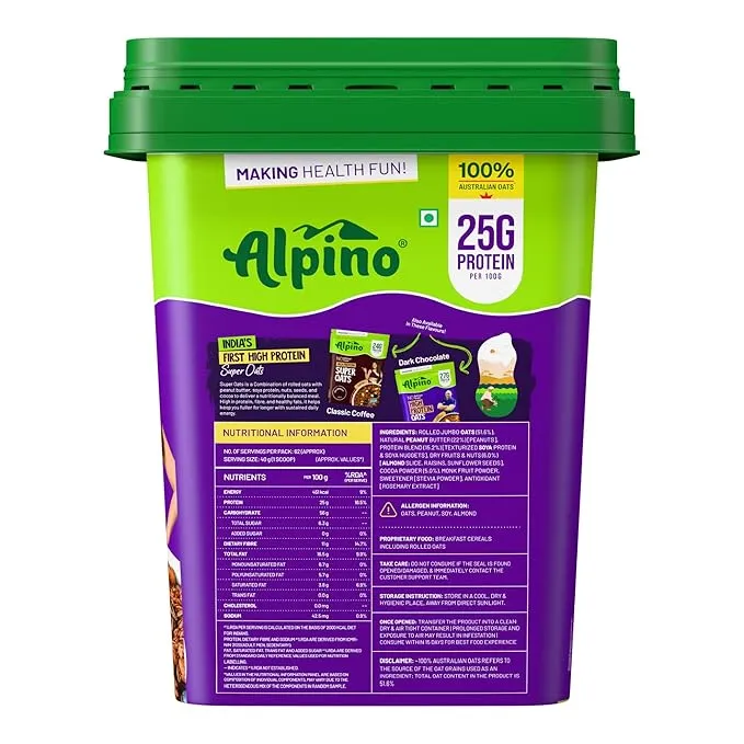 Alpino 22% High Protein Super Oats Chocolate 2.5kg Rolled Oats Peanut Butter Cocoa 75 Servings
